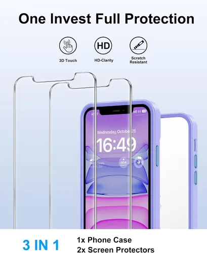 Vista 3 de HOOMIL Funda para iPhone 11 con 2 protectores de pantalla de vidrio templado, no amarillea, protección contra caídas, arañazos, transparente, parte