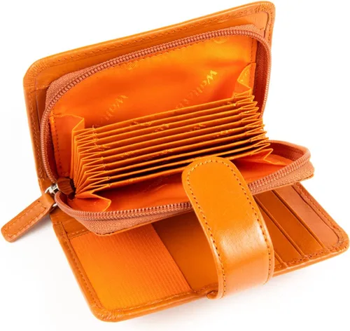 Vista 5 de Billetera de cuero para mujer con acordeón RFID con monedero, Naranja, Contemporáneo