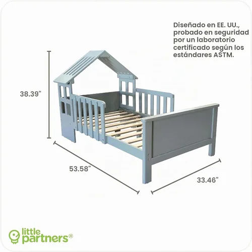 Vista 3 de Little Partners Lil' House - Cama infantil de madera maciza con forma de hogar con rieles y dos protectores de seguridad, se adapta a colchones