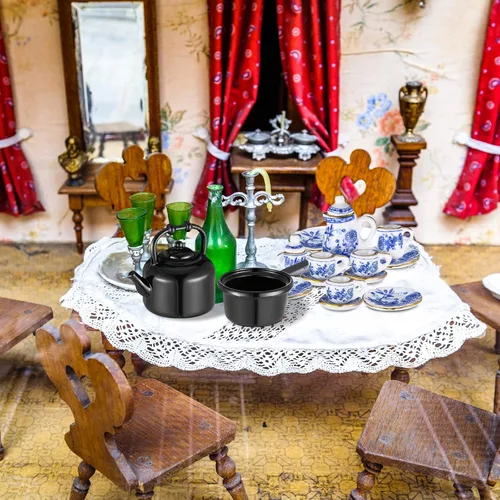 Vista 7 de Zhanmai Juego de 47 tazas de té de porcelana en miniatura, ollas y sartenes de metal incluyen 16 mini platos de muñeca, cuchillo tenedor, cuchara