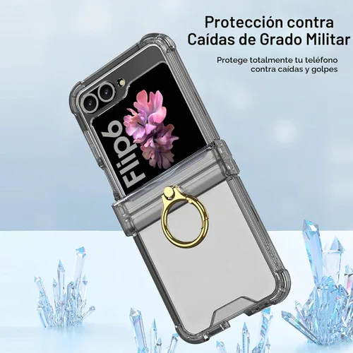 Vista 6 de Funda transparente para Samsung Galaxy Z Flip 6, protección de bisagra de lujo con soporte de anillo y protector de pantalla, funda suave todo Negro
