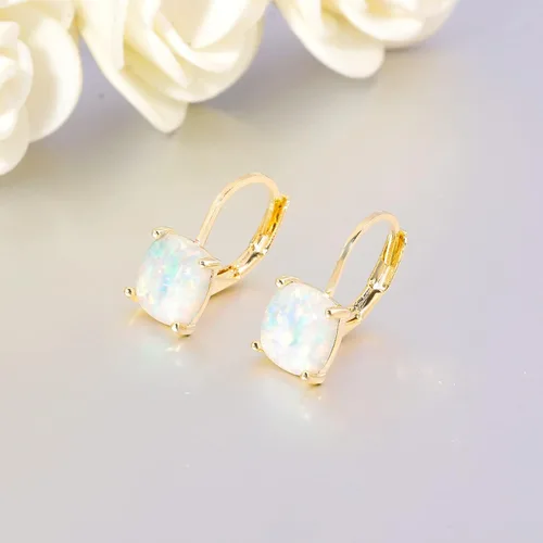 Vista 4 de CiNily Aretes colgantes para mujeres y niñas, hipoalergénicos, chapados en oro de 14 quilates, aretes con dije cuadrado de ópalo, aretes de palanca