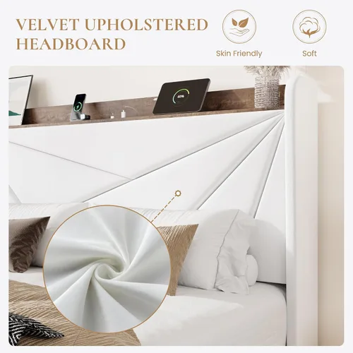 Vista 5 de SHA CERLIN Base de cama Queen con 3 cajones, puertos de carga USB y Type-C, cama de plataforma tapizada de terciopelo con cabecera de almacenamiento