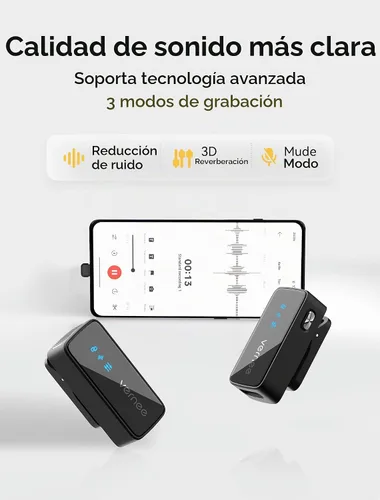 Vista 5 de vernee Micrófono Lavalier inalámbrico para iPhone 16 15, Android, tableta, PC, mini micrófono de 3 niveles con reducción de ruido AI, micrófono