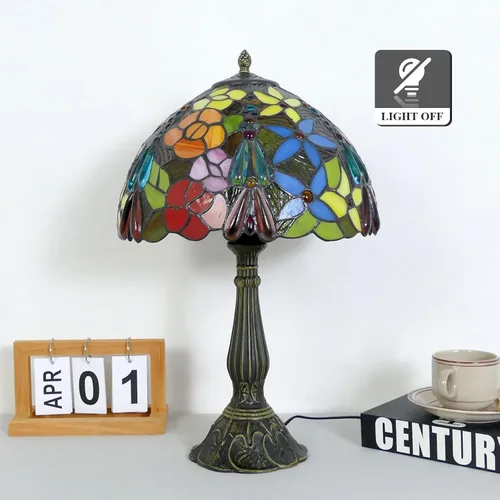 Vista 3 de Tiffany - Lámpara de mesa de 12 x 12 x 19 pulgadas, lámpara de mesa multicolor estilo flores, lámpara de vitral, mesita de noche, luz de escritorio