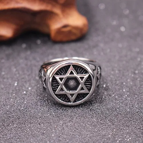 Vista 6 de Anillo de acero inoxidable para hombre, diseño de estrella de David con seis puntos, tamaño 7-13
