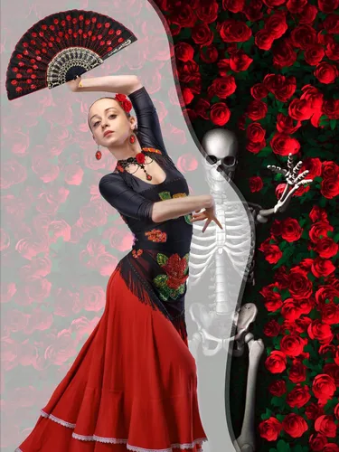 Vista 6 de BBTO 5 piezas de Halloween Rose Flamenco Mujer Accesorios Niña Rosa Flor Pinza para el pelo, Abanico Plegable de Tela de Lentejuelas, Gargantilla