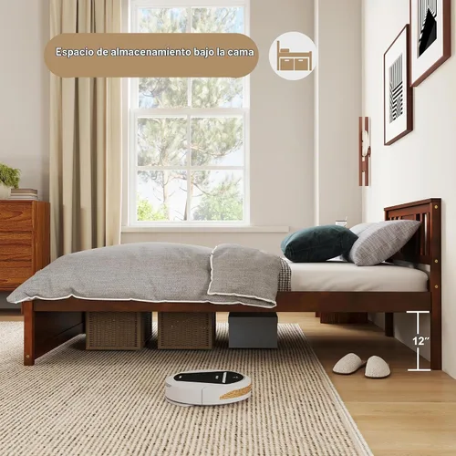 Vista 6 de KOMFOTT Base de cama de plataforma de madera individual con cabecero, plataforma de madera maciza con soporte de listones y almacenamiento debajo