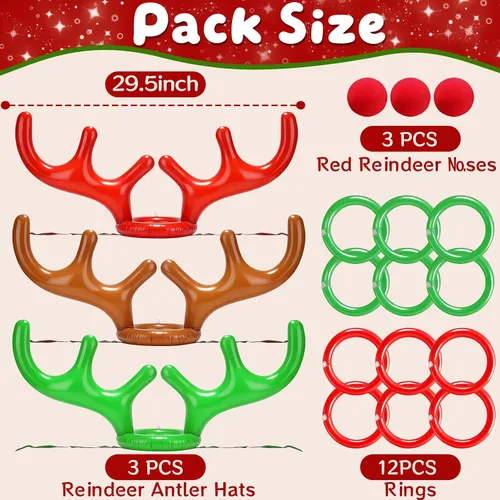Vista 2 de Juego de 18 piezas de 3 anillos inflables de cornamenta de reno para lanzar juegos de fiesta de Navidad, juguetes familiares para niños, relleno
