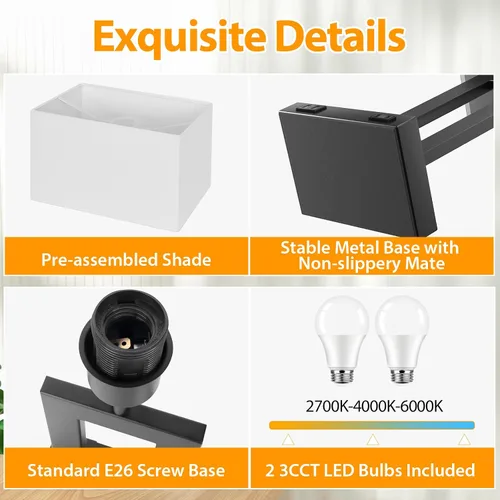 Vista 6 de Kondras Juego de 2 lámparas de mesa para dormitorios, 3 temperaturas de color, control táctil, lámparas de noche con 2 puertos USB y salida de CA