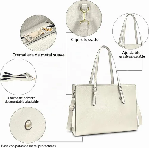 Vista 6 de Bolsa para laptop para mujer de 15.6 pulgadas, bolsa de piel, bolsa de trabajo Beige