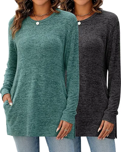 Vista 9 de 2 sudaderas casuales de manga larga para mujer, cuello redondo, sin botones, con bolsillos laterales, túnica de otoño