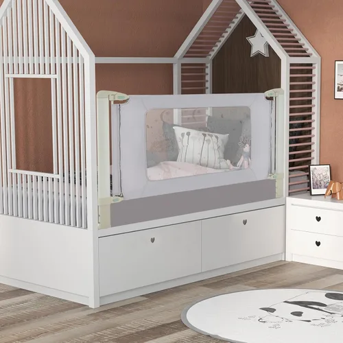 Vista 9 de BABY JOY Riel de cama para niños pequeños, rieles laterales de seguridad extra largos de elevación vertical de 59 pulgadas con doble bloqueo, Gris