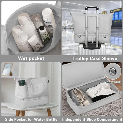 Vista 4 de Bolsa de viaje para mujer, Gris, Juego de bolsas de viaje con puerto de carga USB