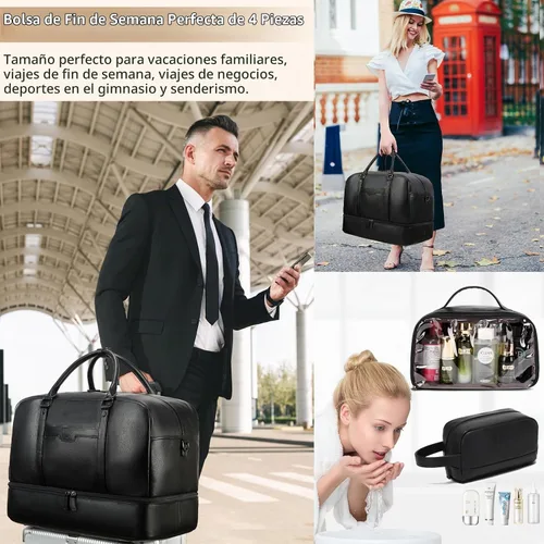 Vista 2 de Bolsa de fin de semana Wogarl para mujeres y hombres, bolsa grande de noche, bolsa de viaje de lona con compartimento para zapatos, bolsa de aseo