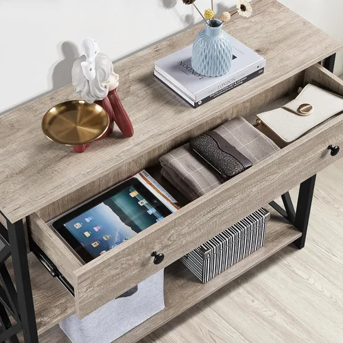 Vista 5 de Topeakmart Mesa consola de 40 pulgadas con 2 salidas y 2 puertos USB, mesa de entrada extra larga con cajón y diseño en forma de X, mesa de sofá Gris