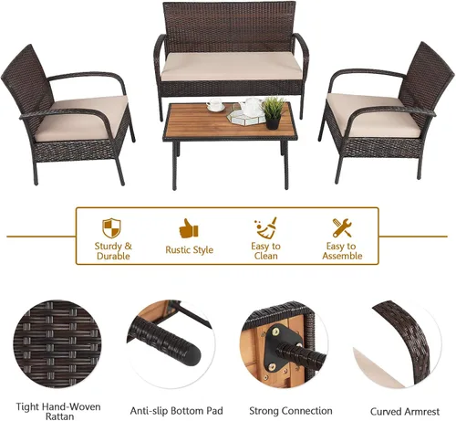 Vista 7 de COSTWAY Juego de muebles de ratán de patio de 4 piezas para conversación al aire libre, mesa de centro con cojines