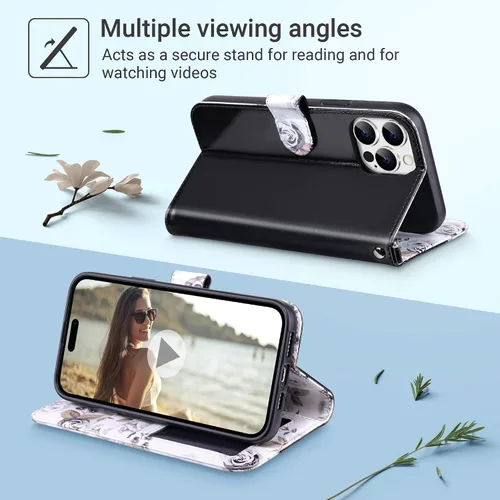 Vista 4 de ULAK Funda tipo cartera compatible con iPhone 15 Pro con tarjetero y diseño de flores, para mujeres y niñas, piel sintética, con función atril