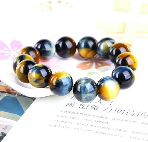 Vista 4 de Pulsera de ojo de tigre natural de 0.709 in para mujeres y hombres, piedra preciosa azul amarilla y azul con cuentas redondas grandes, pulsera