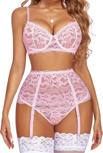 Vista 14 de Avidlove - Conjunto de lencería para mujer con cintura alta, lencería con sostén con aro, portaligas y babydoll de encaje Verde