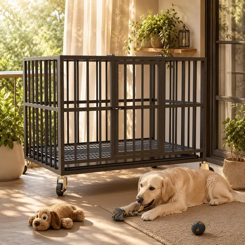 Vista 7 de Jaula para perros de acero resistente de 42 pulgadas a prueba de escape, jaula de doble puerta interior para alta ansiedad, bandeja extraíble