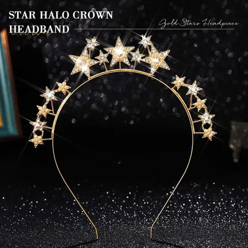 Vista 2 de Fashey Diadema de estrella plateada con halo de estrellas, accesorios para el cabello para mujer (dorado)