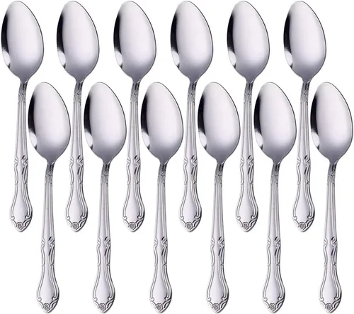 Vista 49 de Cucharas de sopa, cucharas redondas de acero inoxidable para caldo con borde de flor, juego de 12 piezas de acero inoxidable para café, azúcar