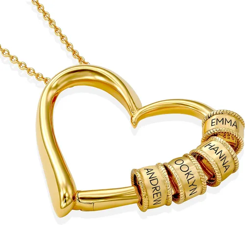 Vista 2 de MYKA - Collar personalizado en forma de corazón con cuentas grabadas para mujer, nombres personalizados con inscritos, piedra de diamante opcional