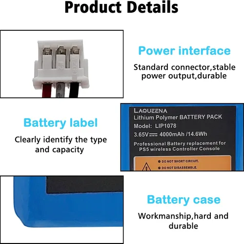 Vista 4 de LIP1078 4000mAh Battery (2-Pack) Compatible with Sony PS5 PlayStation 5 Dual Sense Controller CFI-ZCT1W Gamepad