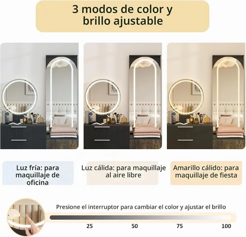 Vista 6 de ARTETHYS Escritorio de tocador con espejo y luces, tocador de maquillaje negro con estación de carga y espejo de longitud completa con parte