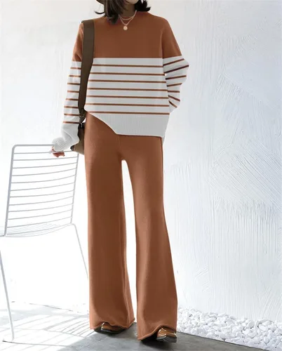 Vista 2 de ETCYY NEW Conjunto de sudadera de punto para mujer de 2 piezas con suéter y pantalón de pierna ancha