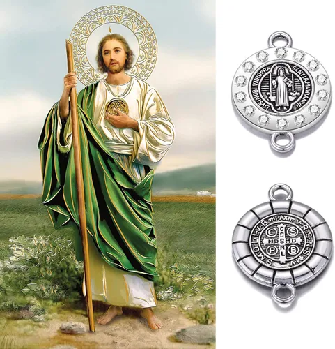 Vista 3 de 20 piezas de diamantes de imitación de plata antigua para uso religioso de San Benito Medallón de Pulsera Conector de Cuentas Redondas de Enlace