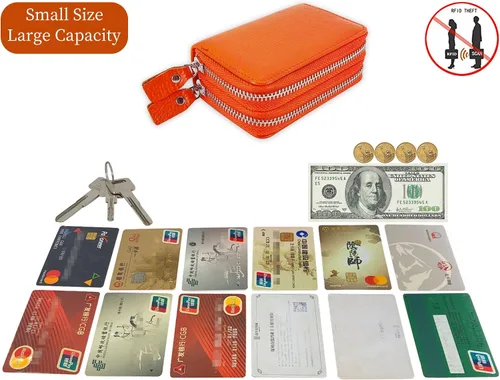 Vista 16 de Cartera de cuero para mujer, con doble tarjeta, tarjetero con cremallera, múltiples compartimentos, bloqueo RFID C-W-1, Rosado, Talla única