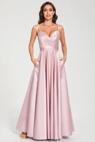 Vista 2 de Vestidos de fiesta con cuello en V de espagueti para mujer, vestido largo de fiesta de satén fruncido, vestido de fiesta de noche con bolsillos