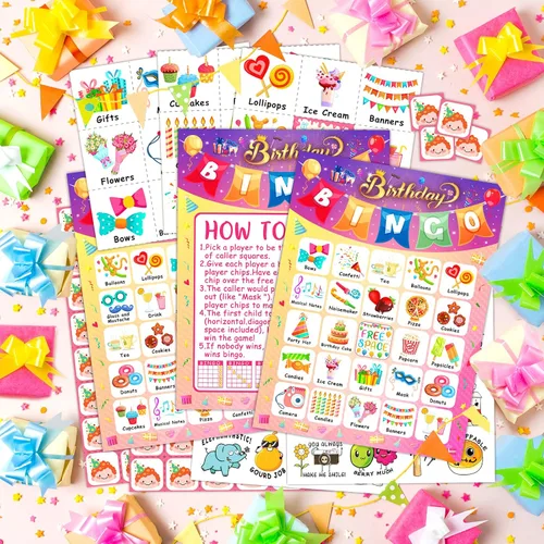 Vista 4 de YTSQLER Tarjetas de bingo de feliz cumpleaños, 24 jugadores, fiesta de cumpleaños, juego de bingo para niños, niñas y adultos, divertido juego