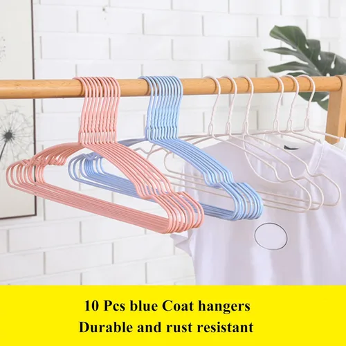 Vista 5 de Perchas para ropa de alambre azul cielo, paquete de 10, resistentes, ahorran espacio, perchas antideslizantes para trajes, camisas, vestidos