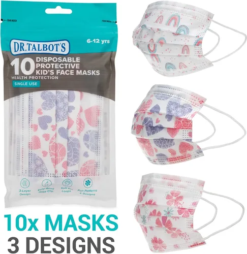Vista 4 de Dr. Talbot's - Mascarilla desechable para niños para salud personal por Nuby, paquete de 20, 10 niños y 10 niñas, 6-12 años, las impresiones pueden