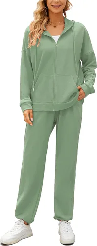 Vista 2 de Conjunto deportivo de 2 piezas para mujer, casual, con cremallera, sudadera con capucha y pantalón largo