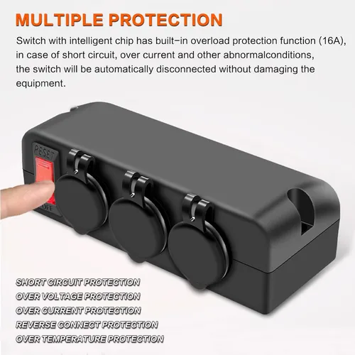 Vista 5 de Divisor de encendedor de cigarrillos de 3 enchufes, adaptador de toma de corriente de 12V con interruptor LED rojo de encendido/apagado, enchufe