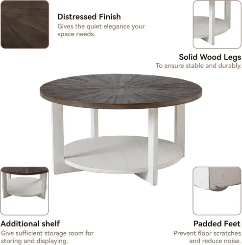Vista 4 de Mesas de centro redondas de madera con almacenamiento, mesa de centro rústica con parte superior de madera envejecida, mesa circular grande