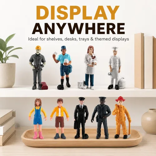Vista 8 de 9 piezas de figuras de personas en miniatura para pasteles, realistas, detalladas, policía, piloto, bombero, cartero, chef, modelo pintado a mano
