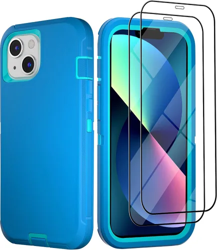 Vista 35 de Funda para iPhone 13 con 2 protectores de pantalla, resistente de grado militar, funda de cuerpo completo para hombres y mujeres (aguamarina + rosa)