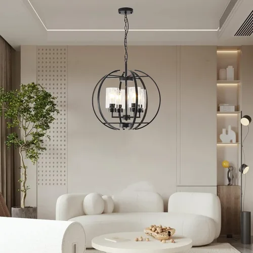 Vista 6 de Lámpara de araña negra con vidrio transparente para comedor, iluminación colgante de granja, lámpara de techo de globo de 4 luces