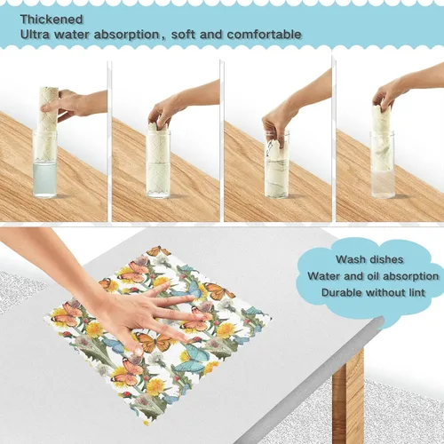 Vista 4 de CaTaKu Juego de 6 paños de limpieza reutilizables con diseño de mariposas y flores salvajes