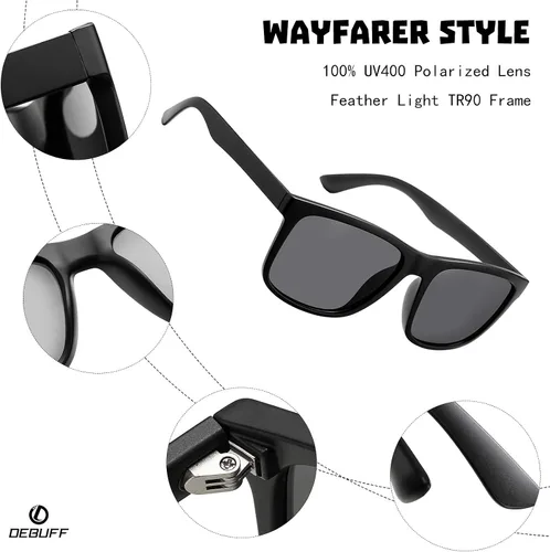 Vista 3 de DeBuff - Gafas de sol polarizadas unisex clásico retro marco irrompible TR90
