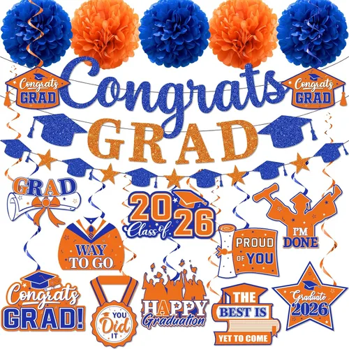 Vista 2 de Decoraciones de graduación 2026, pancarta de felicitaciones con purpurina, espirales colgantes y pompones de tela, decoraciones de graduación negras