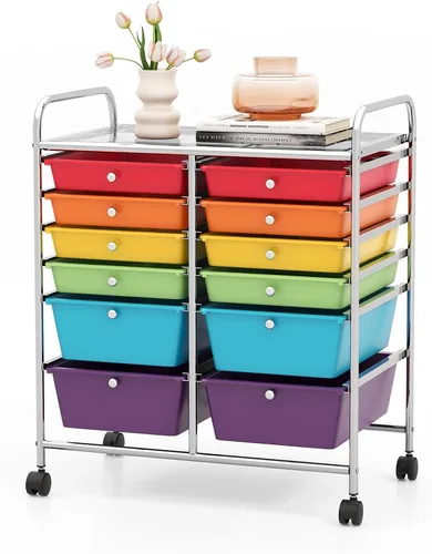 Vista 27 de COSTWAY Carrito de almacenamiento rodante con 4 cajones, carrito de almacenamiento de plástico y organizador con 4 cajones extraíbles, carrito