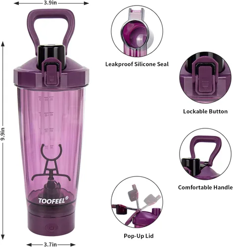 Vista 5 de TOOFEEL Botella mezcladora eléctrica de proteínas, 20 onzas, recargable por USB, para batidos de proteínas, botella mezcladora automática