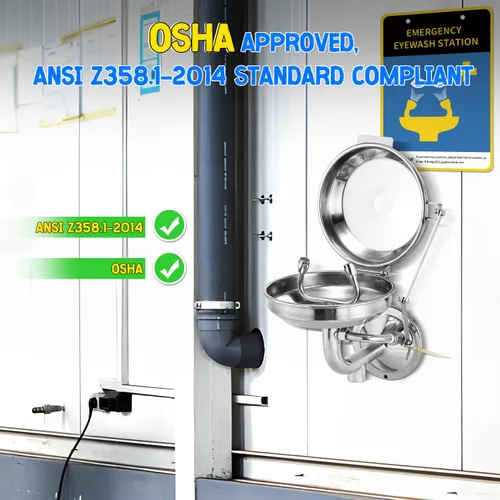 Vista 3 de Estación de lavado de ojos con tapa, estación de lavado de ojos de montaje en pared aprobada por OSAH, unidad de lavado de ojos de fontanería