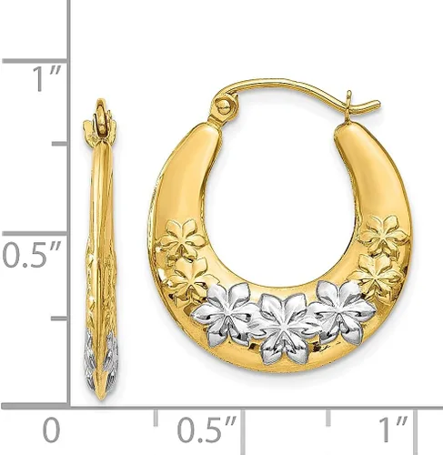 Vista 4 de 14K Yellow Gold White Rose Flowers Hoop Earrings